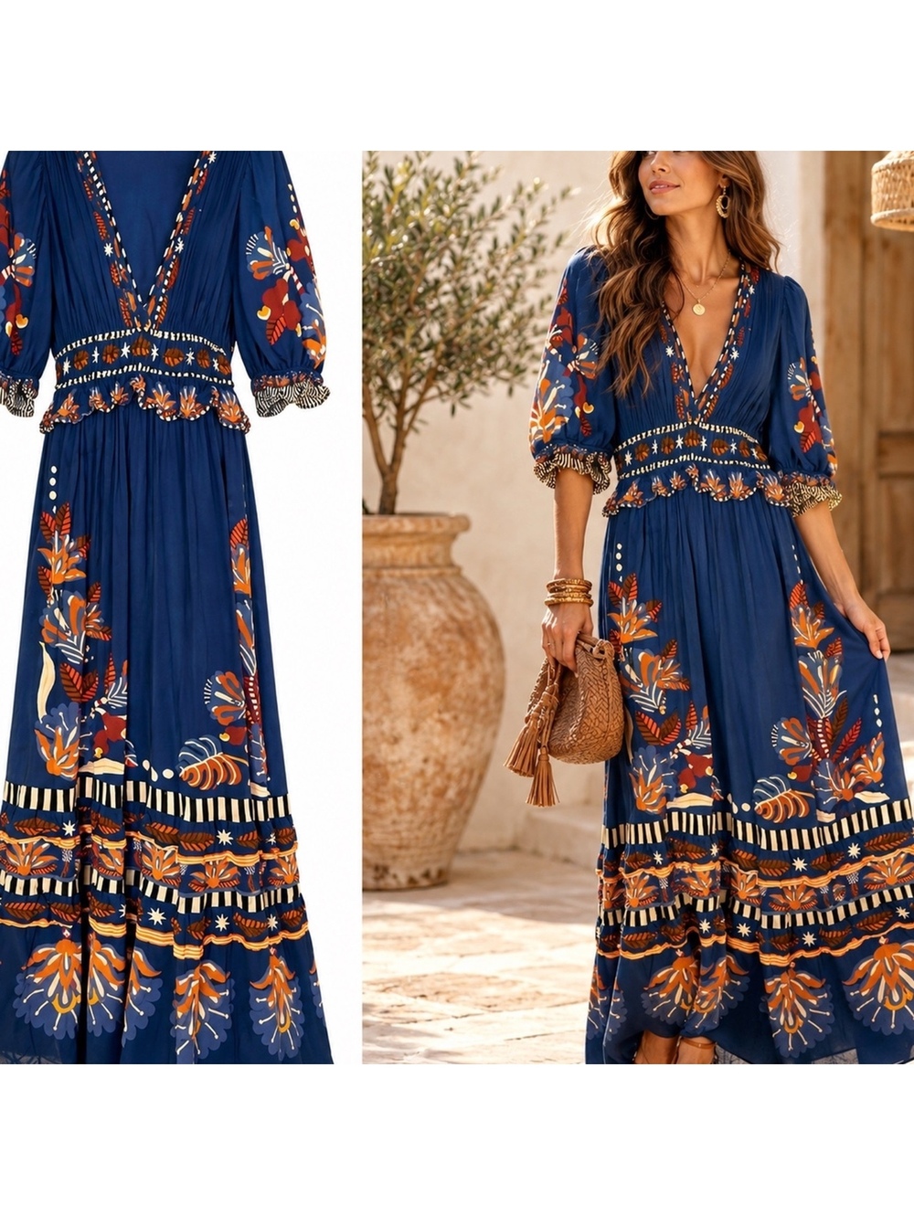 FARM Rio Navy Floral Border Print Boho Maxi Dress M